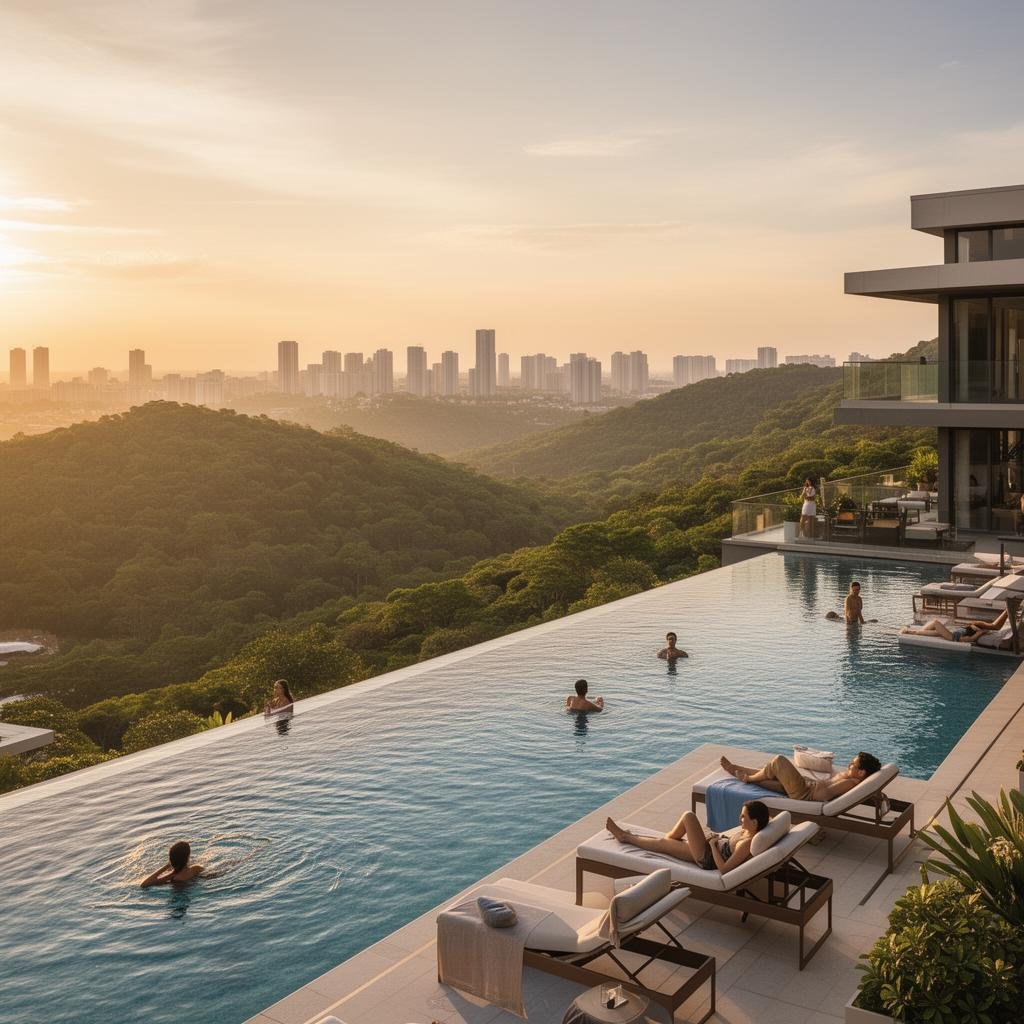 Rooftop pool with Pune skyline view